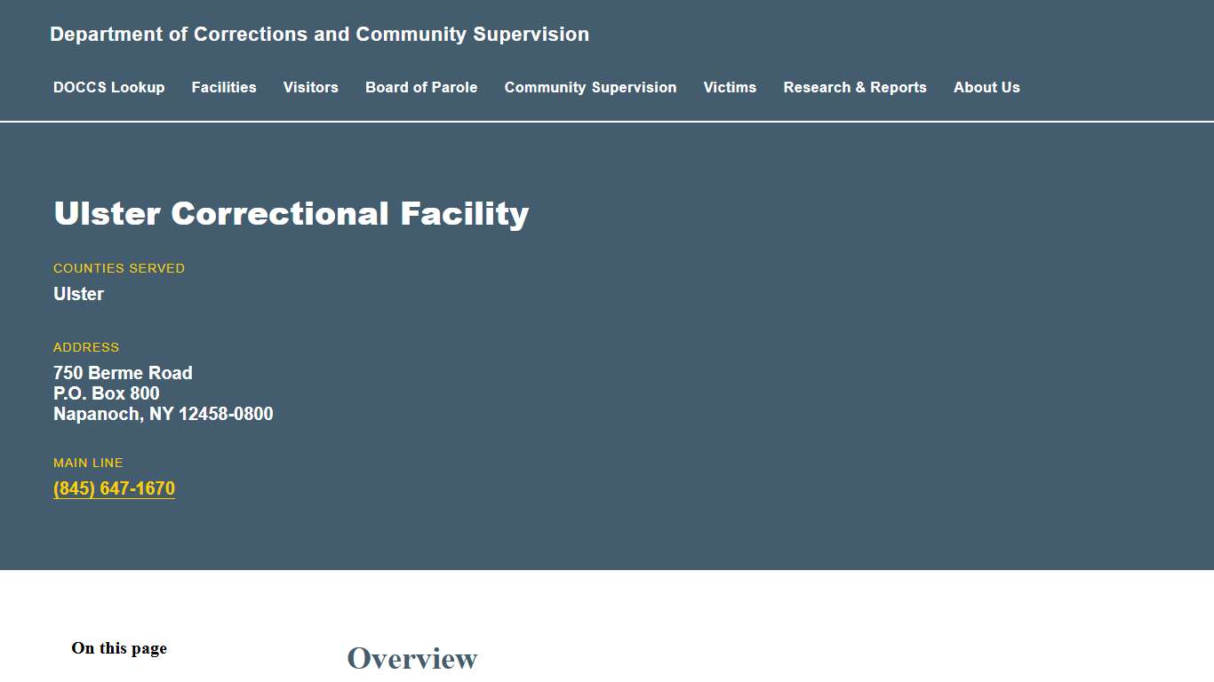 Ulster Correctional Facility Department of Corrections and Community Supervision